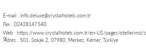 Crystal De Luxe Resort & Spa telefon numaralar, faks, e-mail, posta adresi ve iletiim bilgileri